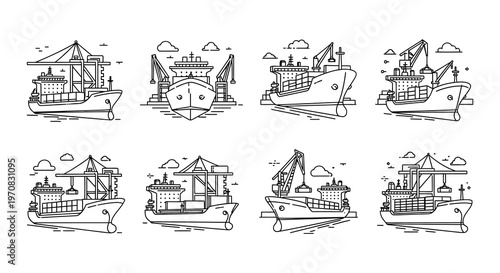 Collection of monochrome shipping vessel and cargo ship line art icons
