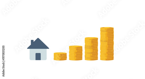 A small blue and grey house icon is positioned next to four increasing stacks of golden coins on a white background.