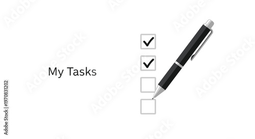 A black and silver pen is next to a vertical list of four checkboxes, with the top two checked, and My Tasks text on a white background.
