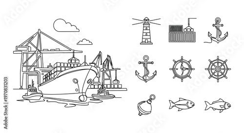 Collection of monochrome shipping vessel and cargo ship line art icons