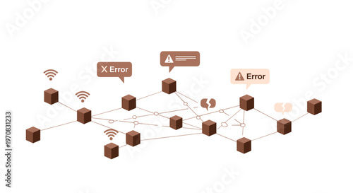 A network of brown cubic nodes with lines connecting them shows error messages, broken links, and Wi-Fi symbols on a white surface.