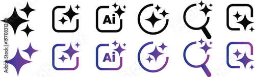 A collection of various vector icons featuring ai sparkling stars and geometric shapes including AI symbols and a magnifying glass tool