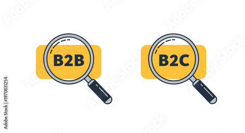 Two magnifying glasses are positioned over yellow rectangles displaying B2B and B2C text on a clean white background.
