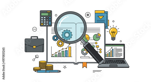 A large magnifying glass examines an open book filled with charts, alongside a laptop, calculator, briefcase, stacks of coins, and a lightbulb on a white surface.
