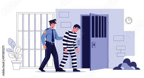 Concerned police officer leads a prisoner wearing a striped uniform toward an open jail cell door in a law enforcement facility.