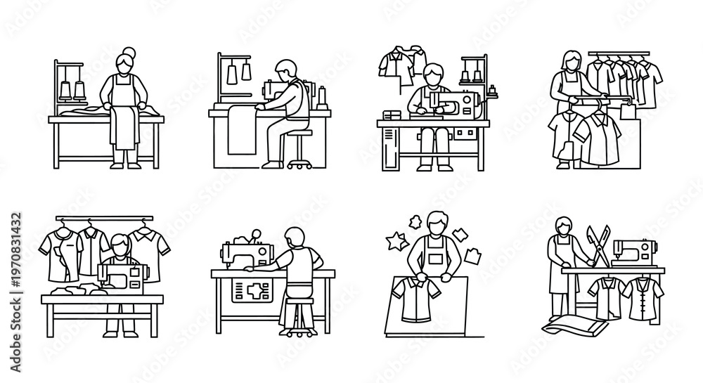Fototapeta premium Line art illustration depicting various stages of clothing production workflow