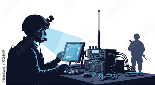 A soldier in tactical gear operates a computer and radio equipment at a desk with a glowing blue screen, while another soldier stands behind.
