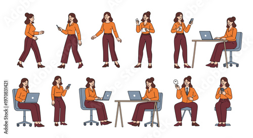 Set of various poses and actions of a professional woman working at a desk, walking, using a phone, and giving a presentation.