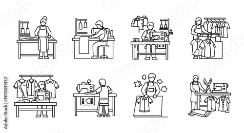 Line art illustration depicting various stages of clothing production workflow
