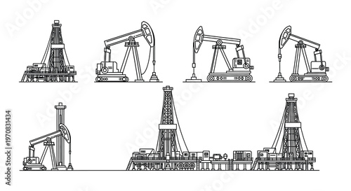 Black silhouettes of various oil and gas industry equipment