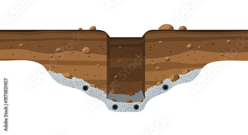 A cross-section diagram shows multiple drainage pipes within a gravel-filled trench under several layers of brown soil.