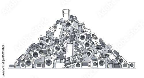 A large, haphazard pile of monochrome electronic waste appliances is stacked in a mountain shape against a clean white background.