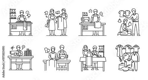 Line art illustration depicting various stages of clothing production workflow