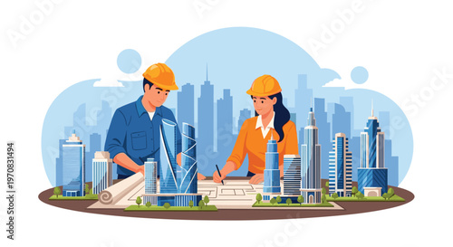 Male and female architects collaborate on a large urban development blueprint with 3D building models representing a future city skyline.