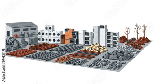An isometric view shows a large outdoor industrial yard filled with various types of scrap materials, including metal, pipes, logs, and discarded appliances, neatly organized around a small building.