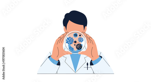 A faceless scientist in a lab coat holds a petri dish containing blue and black microorganisms against a white background.