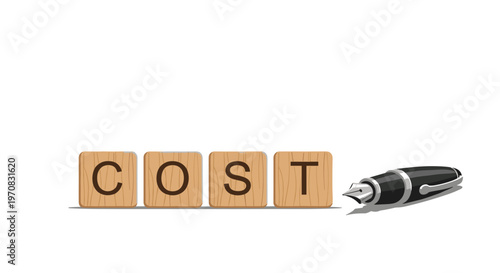 The word COST is spelled out on four individual wooden blocks with a black fountain pen resting to their right on a solid white background.