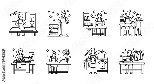 Line art illustration depicting various stages of clothing production workflow