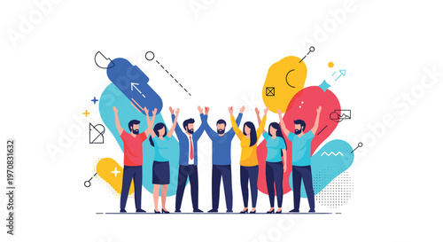 Diverse group of people stands together with raised arms in a joyful celebration against a backdrop of colorful abstract shapes.