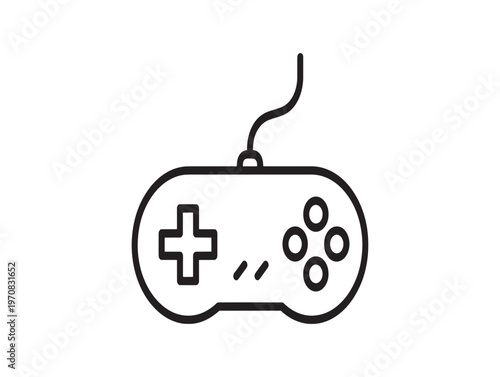 Simple line art illustration of a classic video game controller with a wired connection