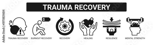 Trauma Recovery web banner icon vector illustration concept with icons of trauma recovery, burnout recovery, recovery, healing, resilience, and mental strength.