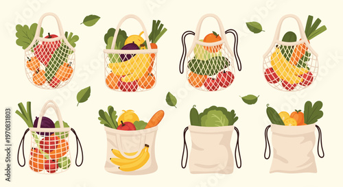 Collection of reusable eco-friendly mesh and cloth grocery bags filled with various fresh fruits and vegetables for sustainable shopping.