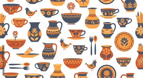 Seamless pattern showcases various hand-painted pottery items including cups, vases, bowls, and plates with intricate floral designs.