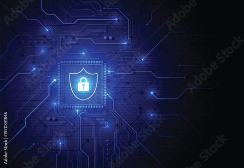 Digital circuit board with a glowing blue shield and lock representing cybersecurity and data protection technology