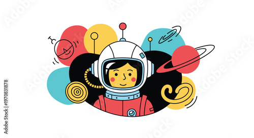 Cute cartoon astronaut character in a space suit is surrounded by colorful planets, stars, and cosmic shapes in a playful universe.