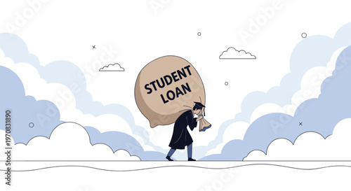 Struggling graduate in a cap and gown carries a massive heavy bag labeled student loan across a landscape of clouds.
