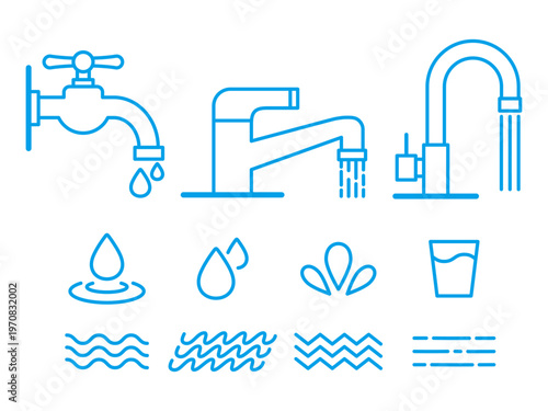 いろいろなタイプの水道の蛇口（水栓）と水やしずくのアイコンセット