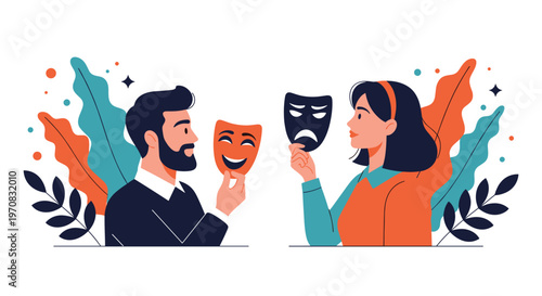 Man and woman face each other while holding happy and sad drama masks symbolizing theater, emotions, and interpersonal relationships.
