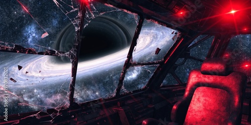 View from cockpit of spaceship with cracked window showing massive black hole and swirling galaxy, red emergency lights glow.