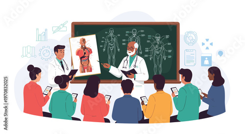 Experienced medical professor uses an anatomy chart to teach a group of diverse students in a classroom equipped with digital tablets.