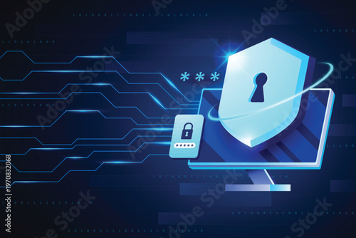Schilderij op canvas Digital shield protecting computer and smartphone from cyber threats with binary