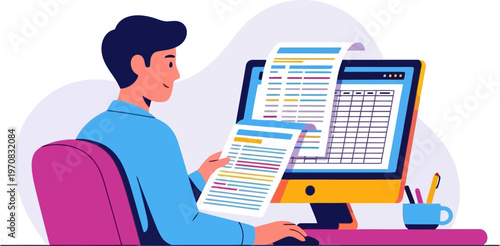 Accountant auditing financial documents and spreadsheets on computer monitor