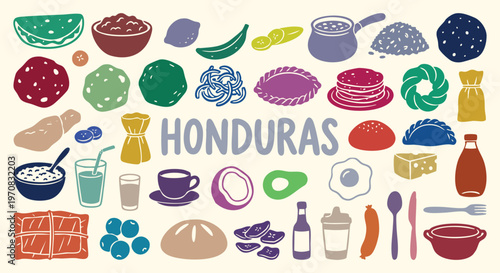Honduras traditional food Icon Set. Honduran Food. A colorful vector collection of baleadas, tamales, coffee, beans and plantains for a restaurant menu, poster, and travel brochure.
