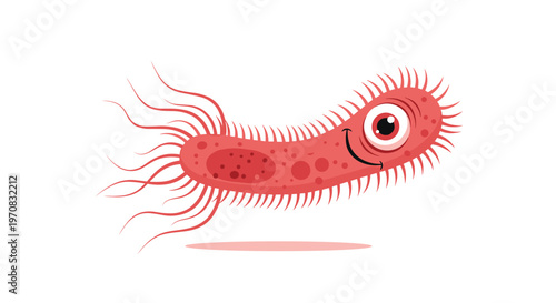 Friendly long red bacterium or microbe character with a happy face, large eye, and numerous flagella swims on a white background.