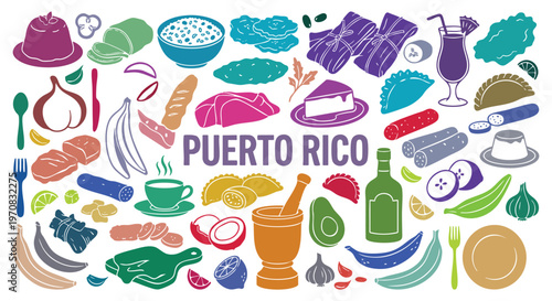 Puerto Rico traditional food Icon Set. Puerto Rican Food. A colorful vector collection of mofongo, pina colada, empanadas, and plantains for a restaurant menu, party, and travel brochure.
