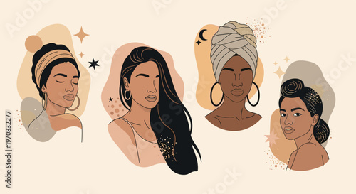 Collection of artistic portraits of diverse women with different skin tones, hairstyles, and accessories in a modern boho style.