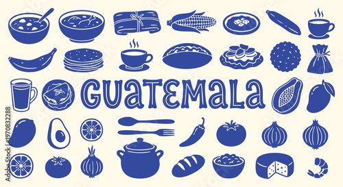 Guatemala traditional food Icon Set. Guatemalan Food. A blue vector collection of tamales, tortillas, coffee, avocado, beans and papaya for a restaurant menu, poster, and travel brochure. 