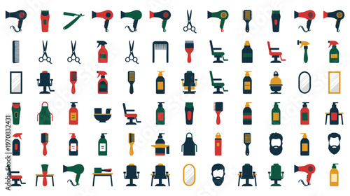 Flat design barber shop equipment set with hair care tools and chair.