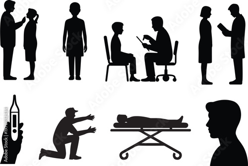 Healthcare professionals and emergency situations a collection of black silhouette icons