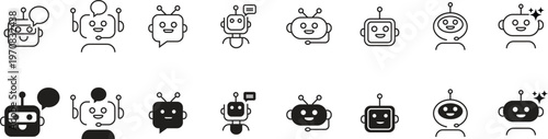A comprehensive collection of black and white robot head icons in outline and solid styles representing artificial intelligence and chatbot support