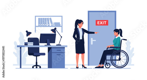 Professional woman in a suit points towards an exit door while a female employee in a wheelchair looks distressed in an office.