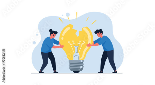 Two concerned people work together to push the pieces of a large broken lightbulb back together symbolizing problem-solving and teamwork.