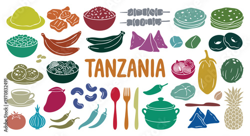 Colorful tanzania cuisine and traditional east african food featuring national dishes fresh tropical fruits and spices for authentic local restaurant menu and travel tourism vector design