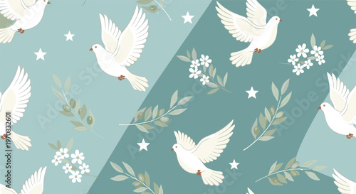 Elegant seamless pattern features flying white doves with olive branches and delicate white flowers on a soft teal background.