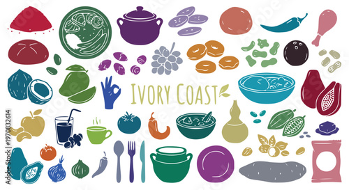 Authentic ivory coast cuisine and west african traditional food elements featuring cocoa coconut and local dishes for restaurant menu travel guide culinary blog and cultural vector illustration