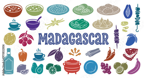 Exotic tropical madagascar cuisine and national food elements including fresh fruit vanilla spices and traditional dishes for island restaurant travel guide and food blog vector design